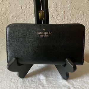 Kate Spade: Black Leather Bifold Wallet- Gold tone